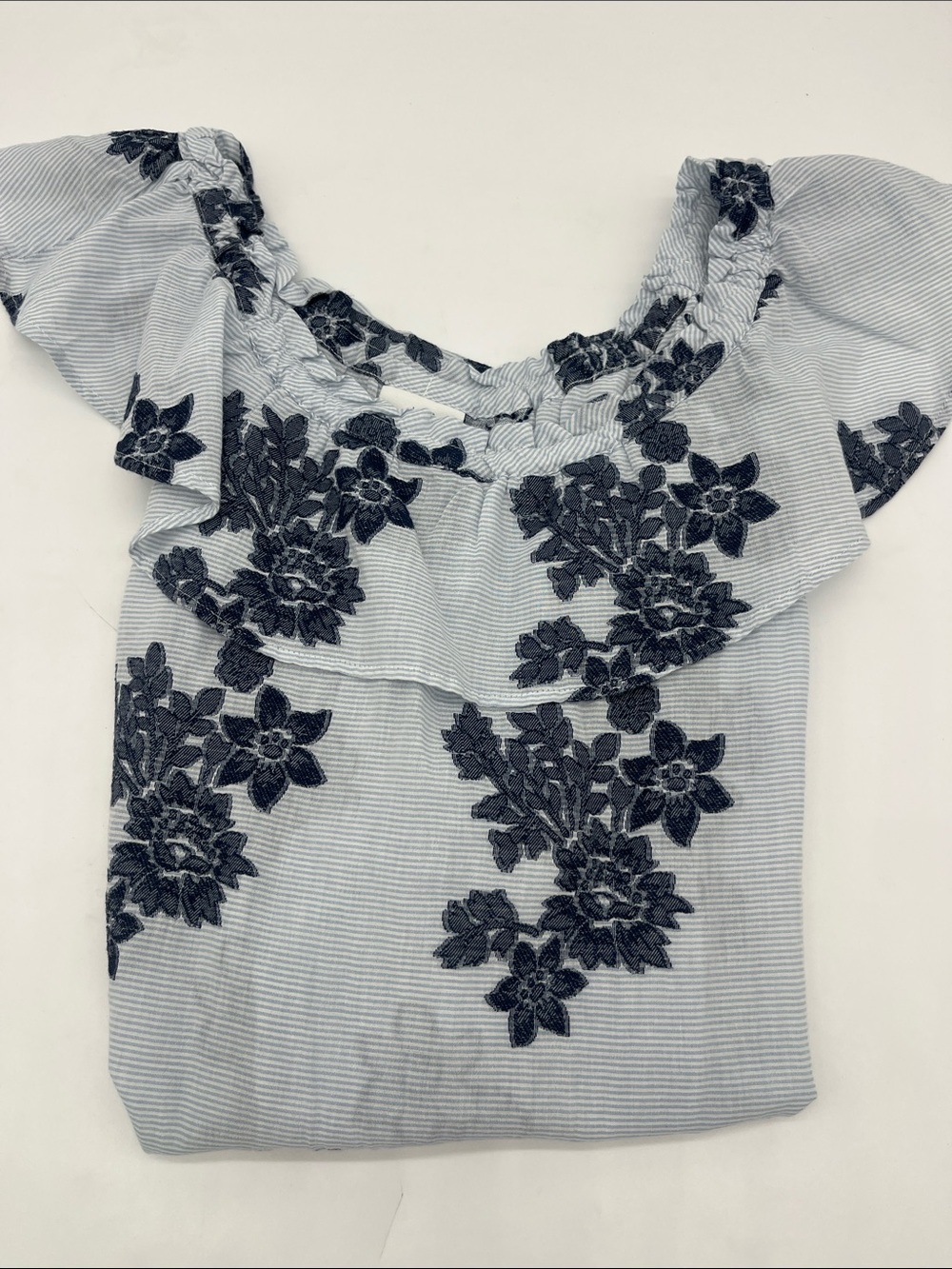J. Jill Light Blue Striped Off-Shoulder Top with Navy Floral Appliqué MP NWT